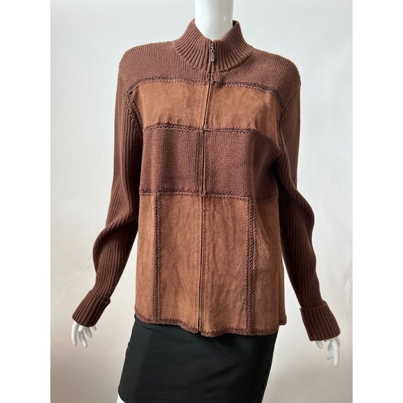 Evan-Picone Suede Blocked Cardigan Sweater M Brown Cotton and Leather - Picture 9 of 15